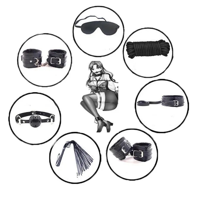 7 Pcs Sexy Bondage Collar Handcuffs Shackles Erotic Whip Rope Cuff Whip Sexy Fetish BDSM Restraint Set Adult Products Sex Toys