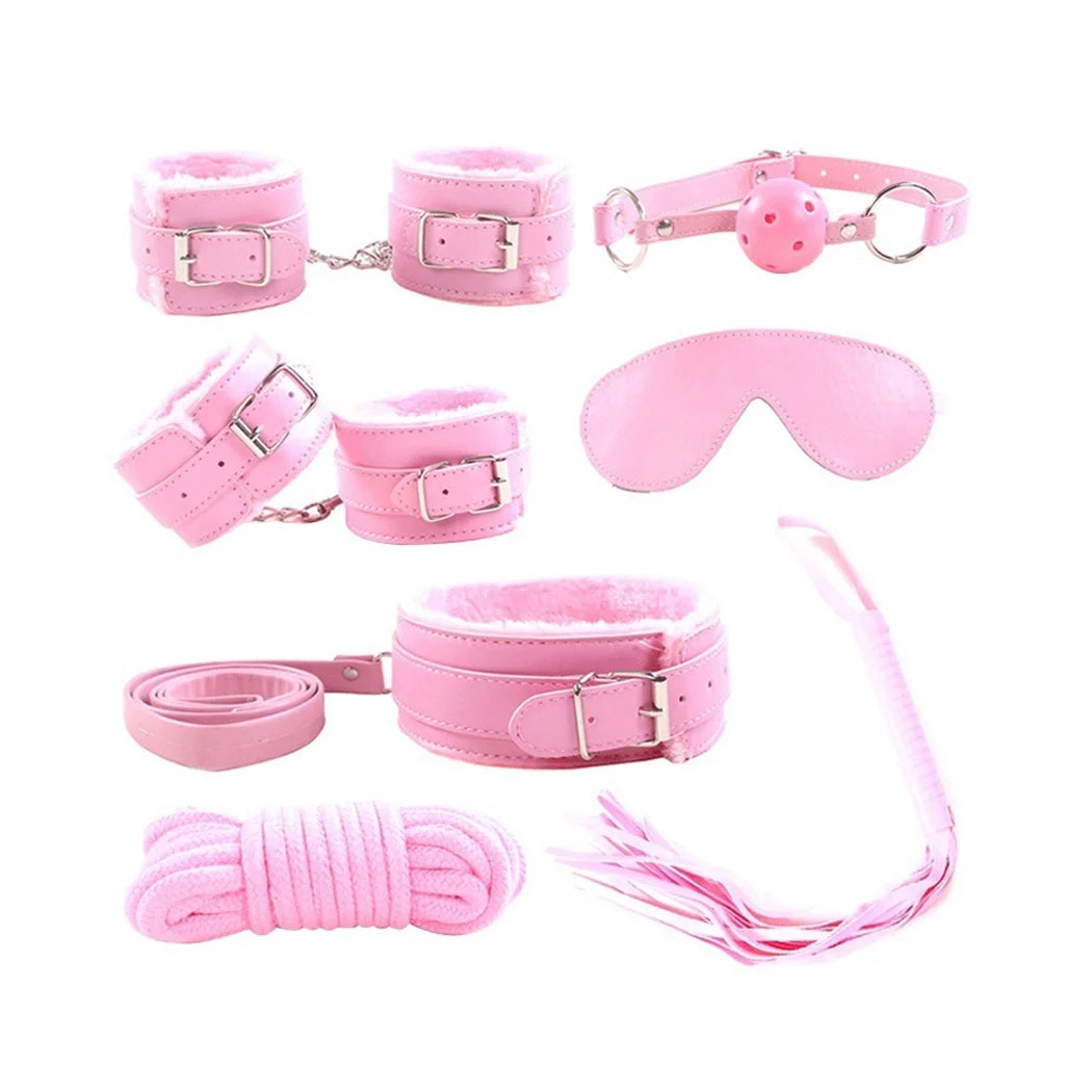 7 Pcs Sexy Bondage Collar Handcuffs Shackles Erotic Whip Rope Cuff Whip Sexy Fetish BDSM Restraint Set Adult Products Sex Toys