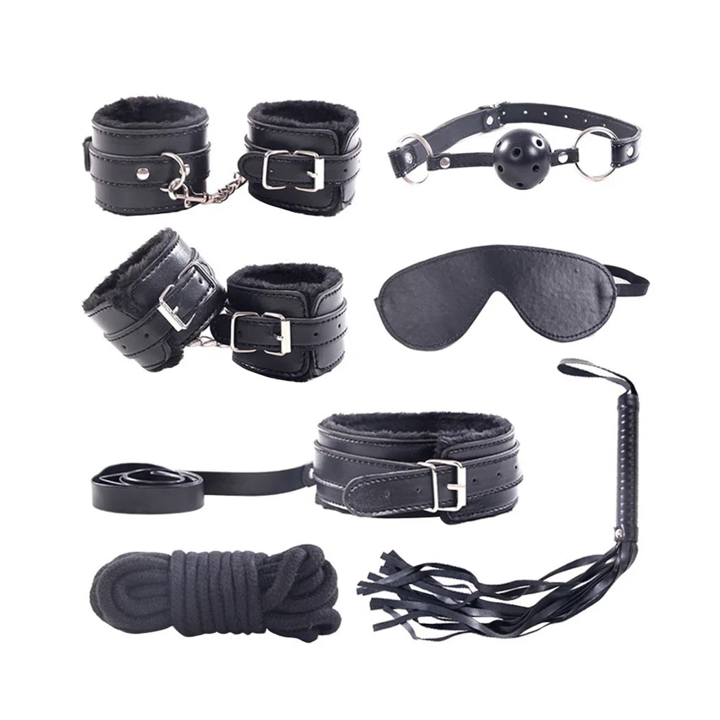 7 Pcs Sexy Bondage Collar Handcuffs Shackles Erotic Whip Rope Cuff Whip Sexy Fetish BDSM Restraint Set Adult Products Sex Toys